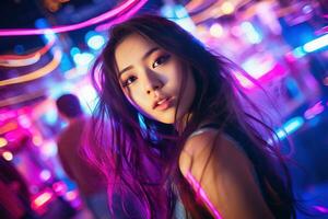 portrait de une magnifique Jeune asiatique femme avec longue cheveux dans nuit club ai généré photo