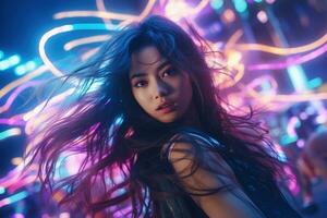 portrait de une magnifique Jeune asiatique femme avec longue cheveux dans nuit club ai généré photo