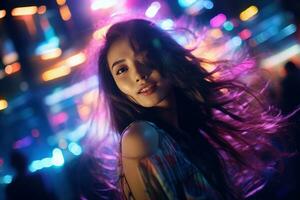 portrait de une magnifique Jeune asiatique femme avec longue cheveux dans nuit club ai généré photo