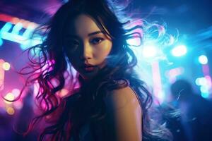 portrait de une magnifique Jeune asiatique femme avec longue cheveux dans nuit club ai généré photo