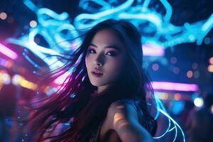 portrait de une magnifique Jeune asiatique femme avec longue cheveux dans nuit club ai généré photo