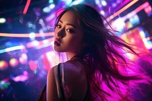 portrait de une magnifique Jeune asiatique femme avec longue cheveux dans nuit club ai généré photo