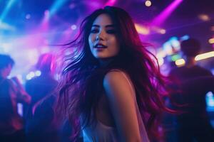 portrait de une magnifique Jeune asiatique femme avec longue cheveux dans nuit club ai généré photo