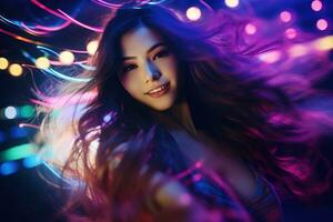 portrait de une magnifique Jeune asiatique femme avec longue cheveux dans nuit club ai généré photo