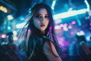 portrait de une magnifique Jeune asiatique femme avec longue cheveux dans nuit club ai généré photo