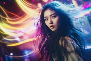 portrait de une magnifique Jeune asiatique femme avec longue cheveux dans nuit club ai généré photo