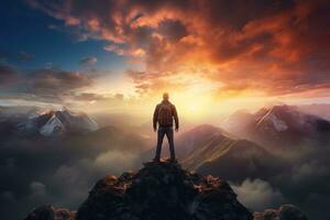 homme permanent sur Haut de le Montagne et à la recherche à le le coucher du soleil ai généré photo