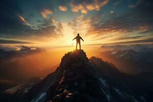 homme permanent sur Haut de le Montagne et à la recherche à le le coucher du soleil ai généré photo