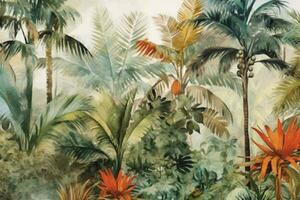 tropical Contexte avec paume des arbres, aquarelle La peinture illustration. ai généré photo
