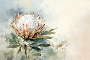 aquarelle La peinture de une protea fleur sur une aquarelle Contexte ai généré photo
