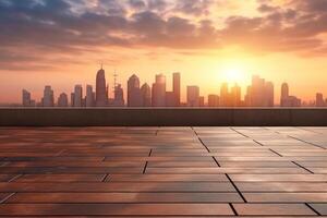 vide brique sol avec paysage urbain et horizon de Shanghai à le coucher du soleil ai généré photo