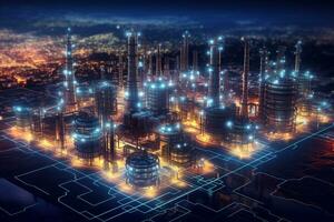 industriel ville dans le forme de une circuit planche. 3d le rendu ai généré photo