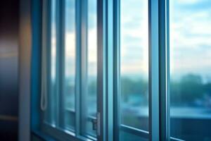 proche en haut vue sur le fenêtre de une moderne Bureau bâtiment dans le soir ai généré photo