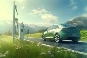 ev mise en charge station pour électrique voiture dans concept de vert énergie produit de durable ai généré photo