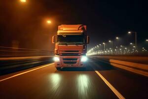 un camion sur le route avec mouvement brouiller Contexte. 3d le rendu ai généré photo