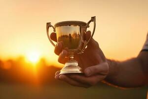 fermer de une trophée dans le mains de une homme à le coucher du soleil ai généré photo