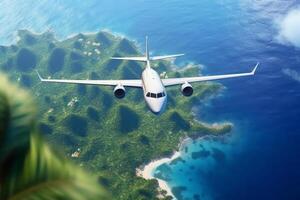 avion en volant plus de tropical île. 3d rendre. Voyage et tourisme concept ai généré photo