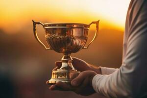 fermer de une trophée dans le mains de une homme à le coucher du soleil ai généré photo