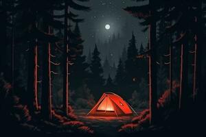 tente dans le foncé forêt à nuit avec une plein lune. 3d le rendu ai généré photo
