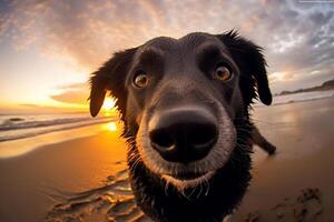 d'or retriever chiens dans des lunettes de soleil sur le plage à ensoleillé journée ai généré photo