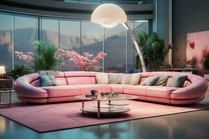 intérieur de moderne vivant pièce avec rose canapé 3d le rendu ai généré photo