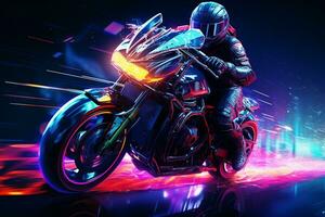 courses moto avec néon lumières sur le Contexte. 3d le rendu. ai généré photo