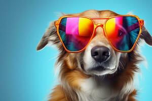 marrant chien avec des lunettes de soleil sur bleu Contexte. 3d illustration. ai généré photo