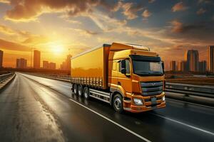 un camion sur le Autoroute à le coucher du soleil. transport et logistique concept. ai généré photo