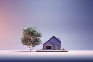 maison sur le sol, papier art réel biens concept. sur une violet Contexte ai généré photo