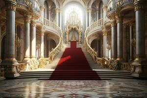 intérieur de Royal palais avec rouge tapis et escalier, 3d rendre ai généré photo