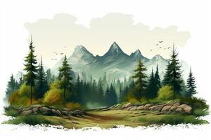 montagnes et forêt dans le brouillard. numérique peinture. vecteur illustration. ai généré photo