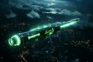 futuriste vaisseau spatial en volant dans le nuit ville. 3d le rendu ai généré photo