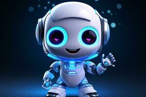 3d le rendu de une mignonne robot personnage avec écouteurs isolé sur foncé bleu Contexte ai généré photo