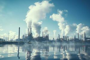 raffinerie plante avec cheminée à lever du soleil. industriel paysage ai généré photo