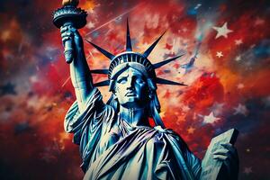 le statue de liberté et le américain drapeau. le concept de le uni États de Amérique. ai généré photo