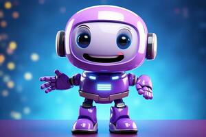 mignonne violet robot avec smiley visage - 3d illustration de dessin animé personnage ai généré photo