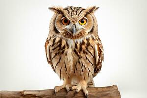 hibou avec gros yeux séance sur une en bois branche isolé sur blanc Contexte ai généré photo