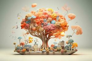 3d rendre de une fantaisie paysage avec une arbre et une sphère ai généré photo