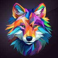 coloré Loup tête avec multicolore éclaboussures sur foncé Contexte ai généré photo