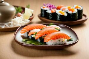 l'eau à la bouche Frais Fruit de mer assiette avec Sushi sashimi et wasabi génératif ai photo