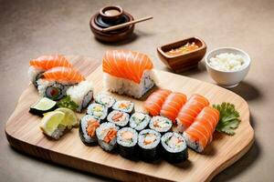 l'eau à la bouche Fruit de mer délice avec Sushi, sashimi et wasabi par génératif ai photo