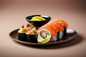gourmet Fruit de mer présentation avec Sushi, sashimi et wasabi par génératif ai photo