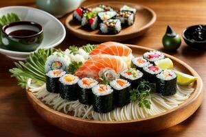 tentant Frais Fruit de mer délice avec Sushi, sashimi et wasabi par génératif ai photo