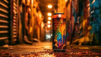 une vaporisateur peindre pouvez dans un ruelle couvert avec des peintures génératif ai photo