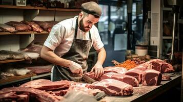 une Boucher Coupe Viande génératif ai photo