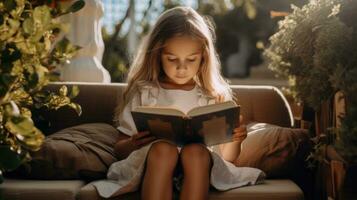 fille en train de lire une livre dans le bibliothèque génératif ai photo