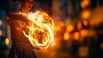 femelle Danseur dansant avec Feu. génératif ai photo