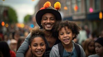 une famille en marchant autour le Festival terrains avec leur les enfants. génératif ai photo