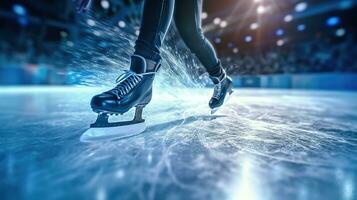fermer de un la glace du patineur pieds. génératif ai photo