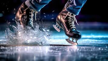 fermer de un la glace du patineur pieds. génératif ai photo